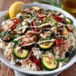 Arroz frío de verano con verduras asadas y aliño de tahini
