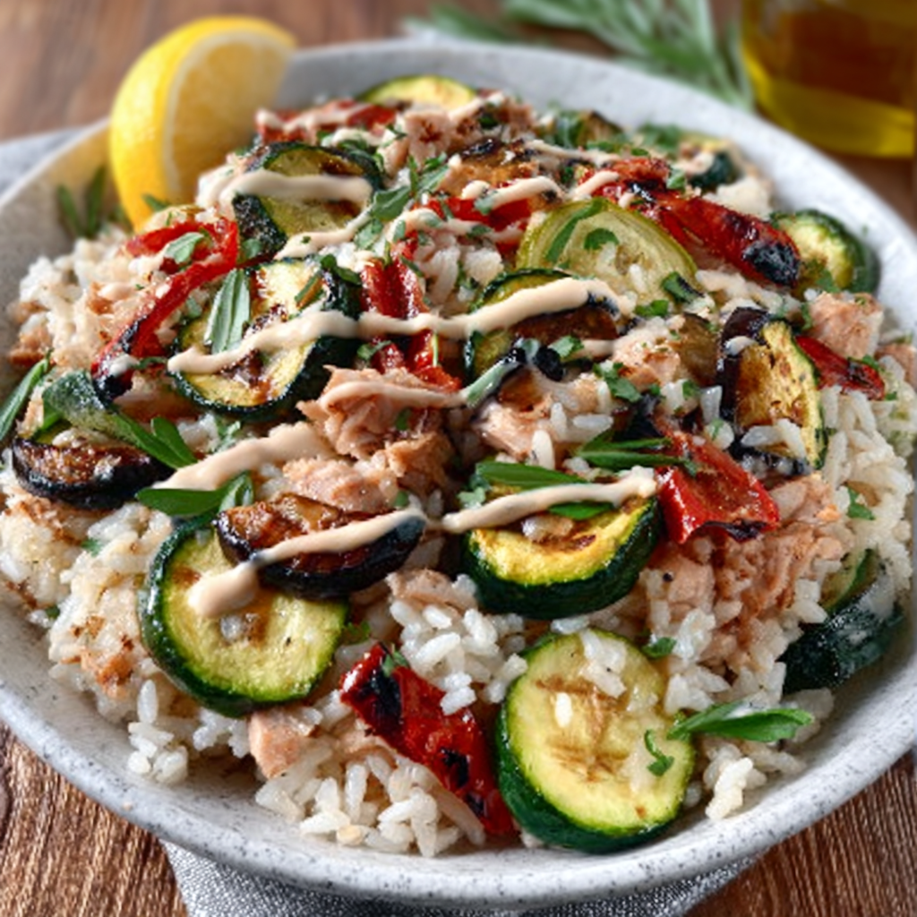 Arroz frío de verano con verduras asadas y aliño de tahini