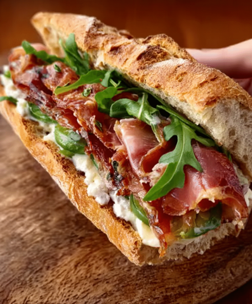 Bocadillo de Breva, Queso Crema, Rúcula y Jamón