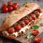Bocadillo gourmet con tomate y queso fresco para picoteo veraniego