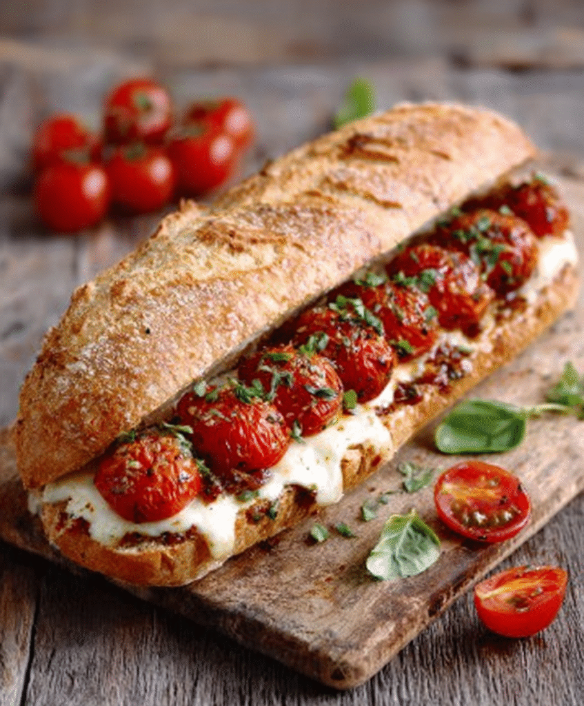 Bocadillo gourmet con tomate y queso fresco para picoteo veraniego