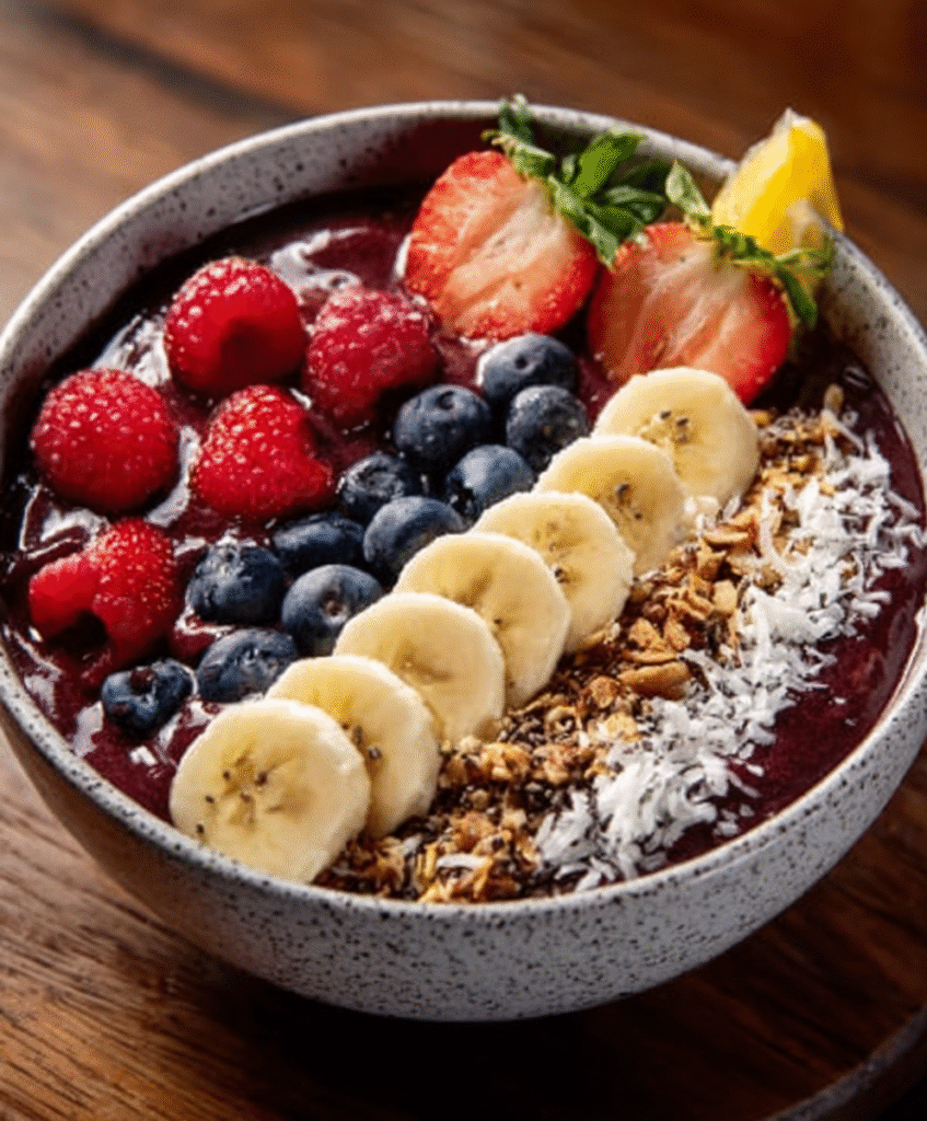 Bowl de acai con frutas tropicales para dietas veganas y energéticas