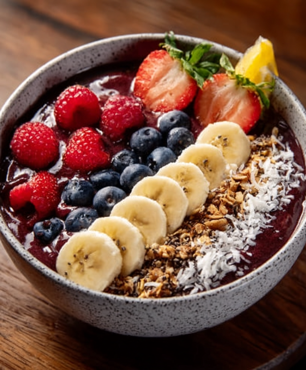 Bowl de acai con frutas tropicales para dietas veganas y energéticas