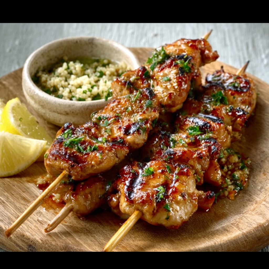 Brochetas de pollo al limón y hierbas con tabulé exprés