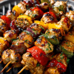 Brochetas de pollo y pimientos para barbacoas al aire libre