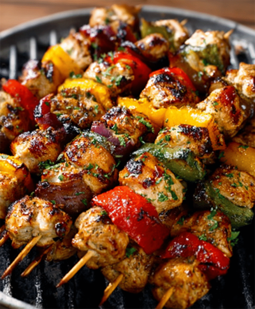 Brochetas de pollo y pimientos para barbacoas al aire libre