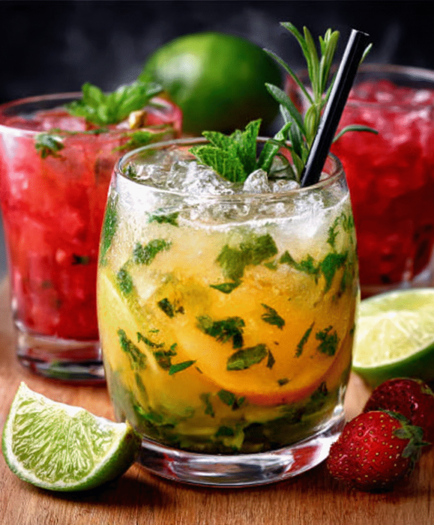 Cóctel sin alcohol con hierbas frescas y lima para fiestas al aire libre