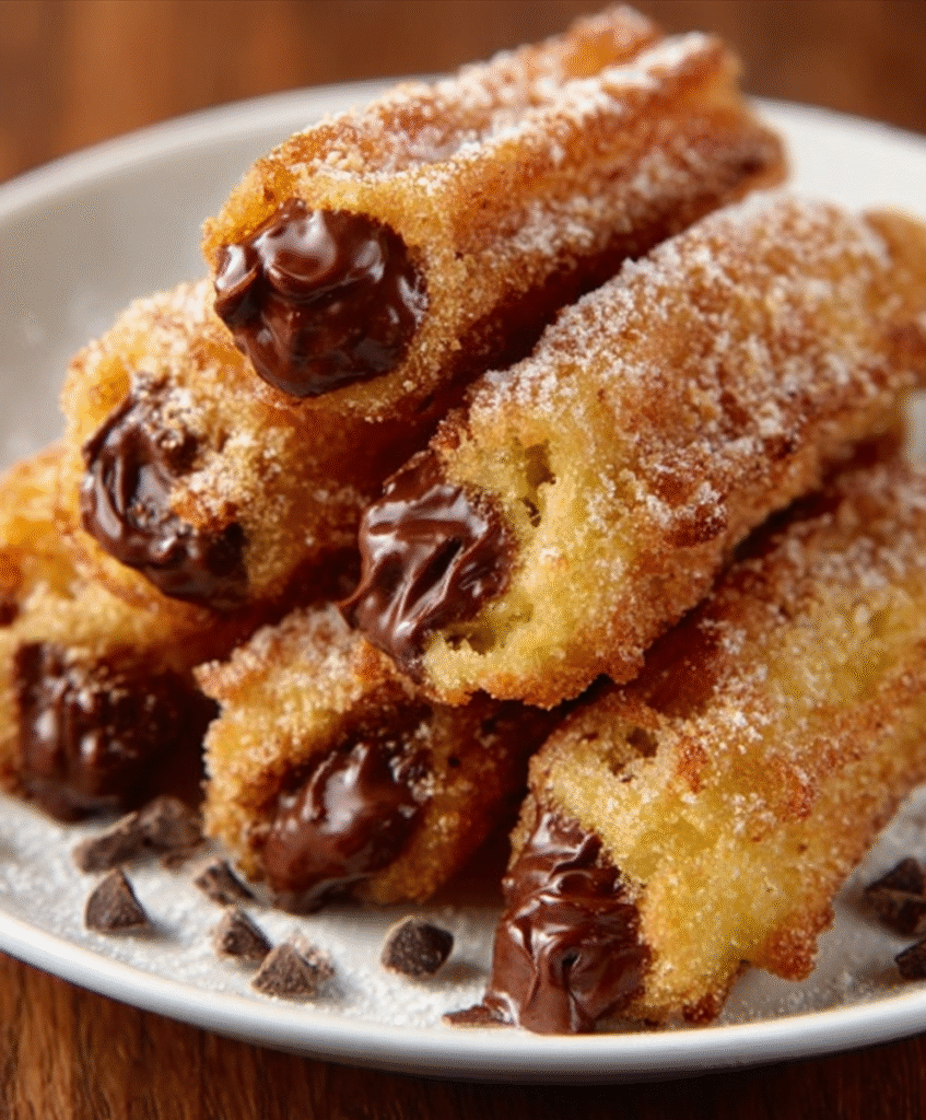 Churros rellenos de chocolate con textura crujiente para meriendas