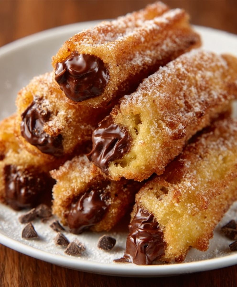 Churros rellenos de chocolate con textura crujiente para meriendas