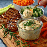 Comida en frasco con capas de salsas y proteínas para llevar al campo