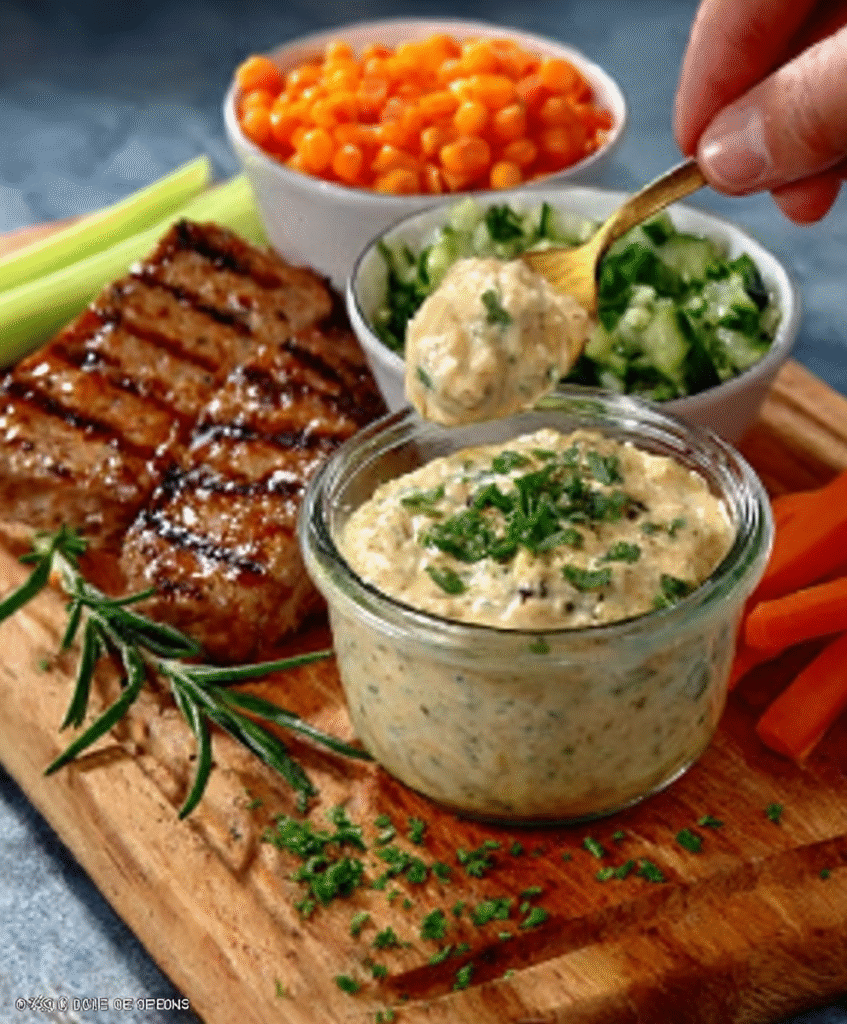 Comida en frasco con capas de salsas y proteínas para llevar al campo