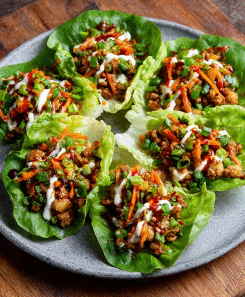 Dumpling Lettuce Cups with Sriracha‑Mayo Drizzle