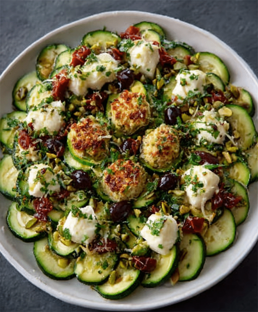 Ensalada de Calabacín, Pistachos, Aceitunas y Mozzarella