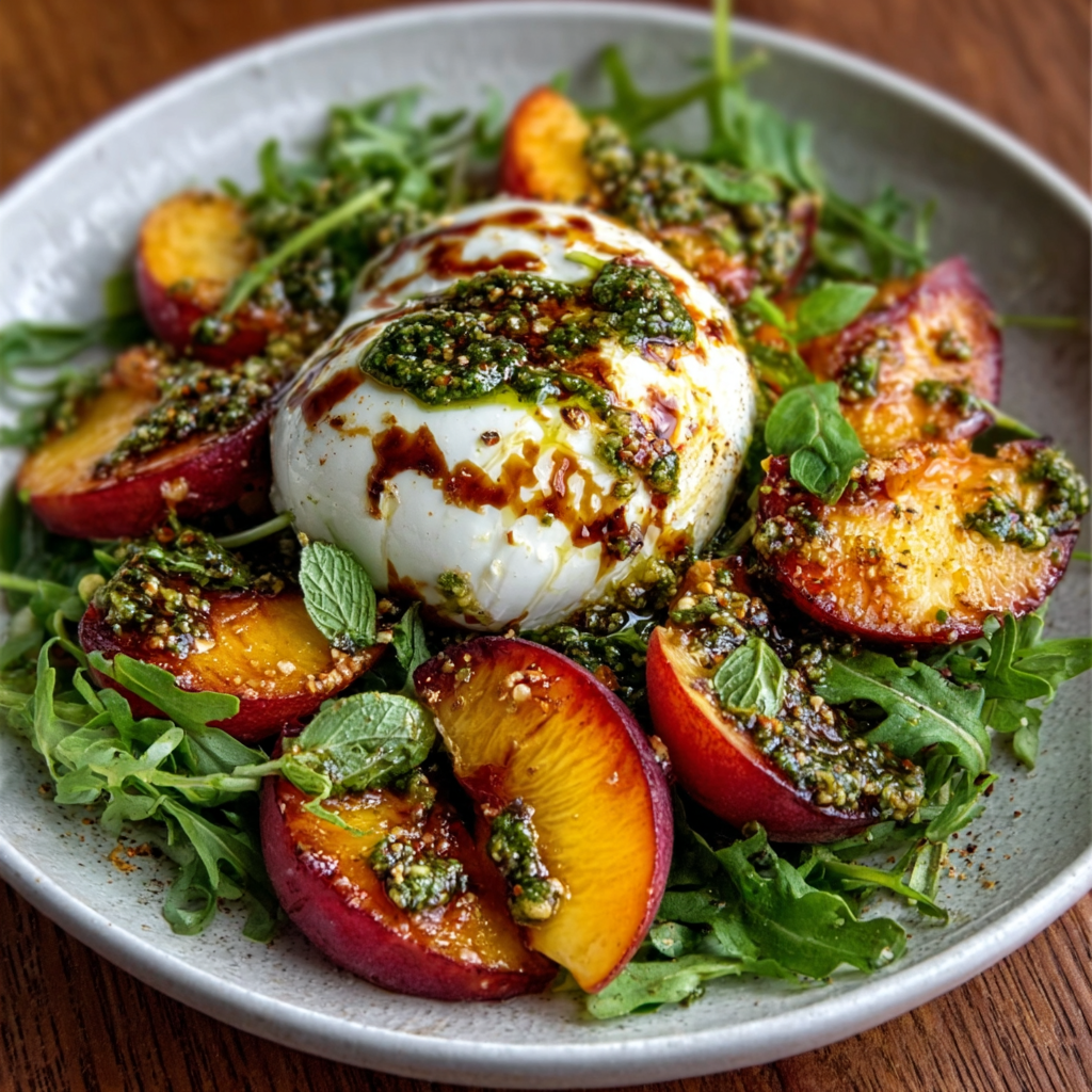 Ensalada de burrata, nectarinas asadas y pesto de albahaca en 10 minutos