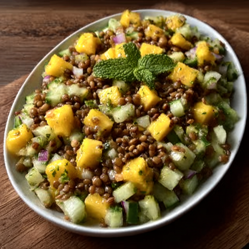 Ensalada de lentejas frías con mango, pepino y menta