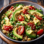 Ensalada mediterránea con aguacate y quinoa para dietas saludables