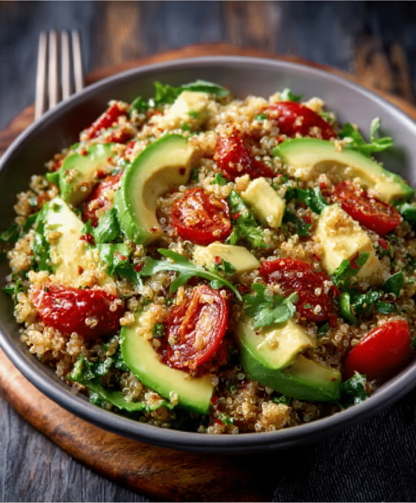 Ensalada mediterránea con aguacate y quinoa para dietas saludables