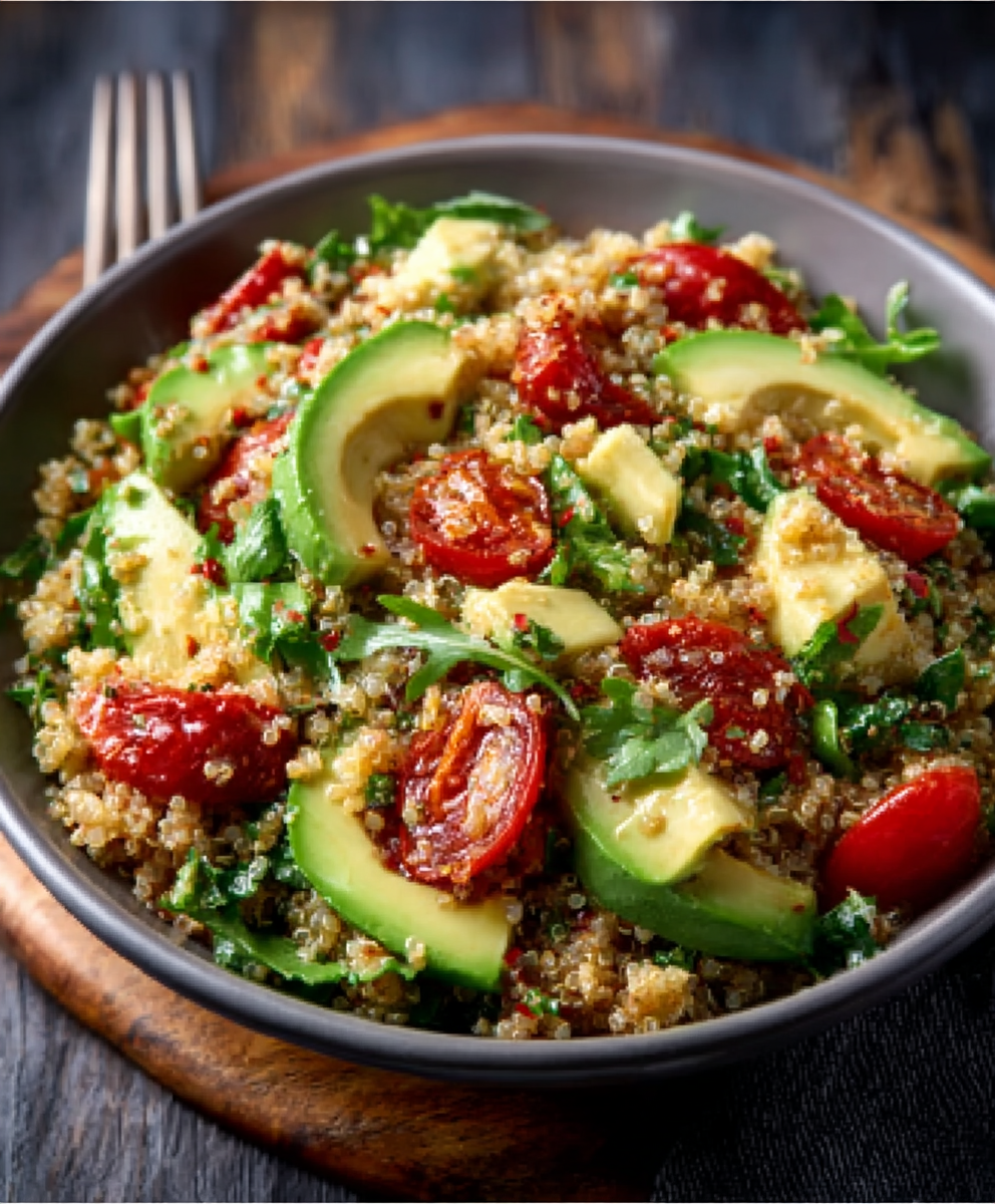Ensalada mediterránea con aguacate y quinoa para dietas saludables