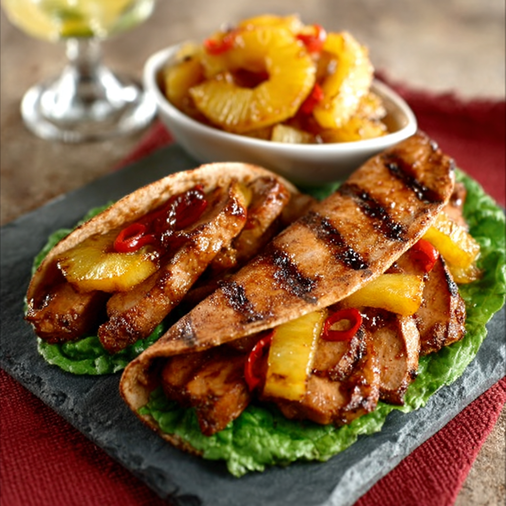 Fajitas de pavo a la plancha con piña caramelizada en 15 minutos