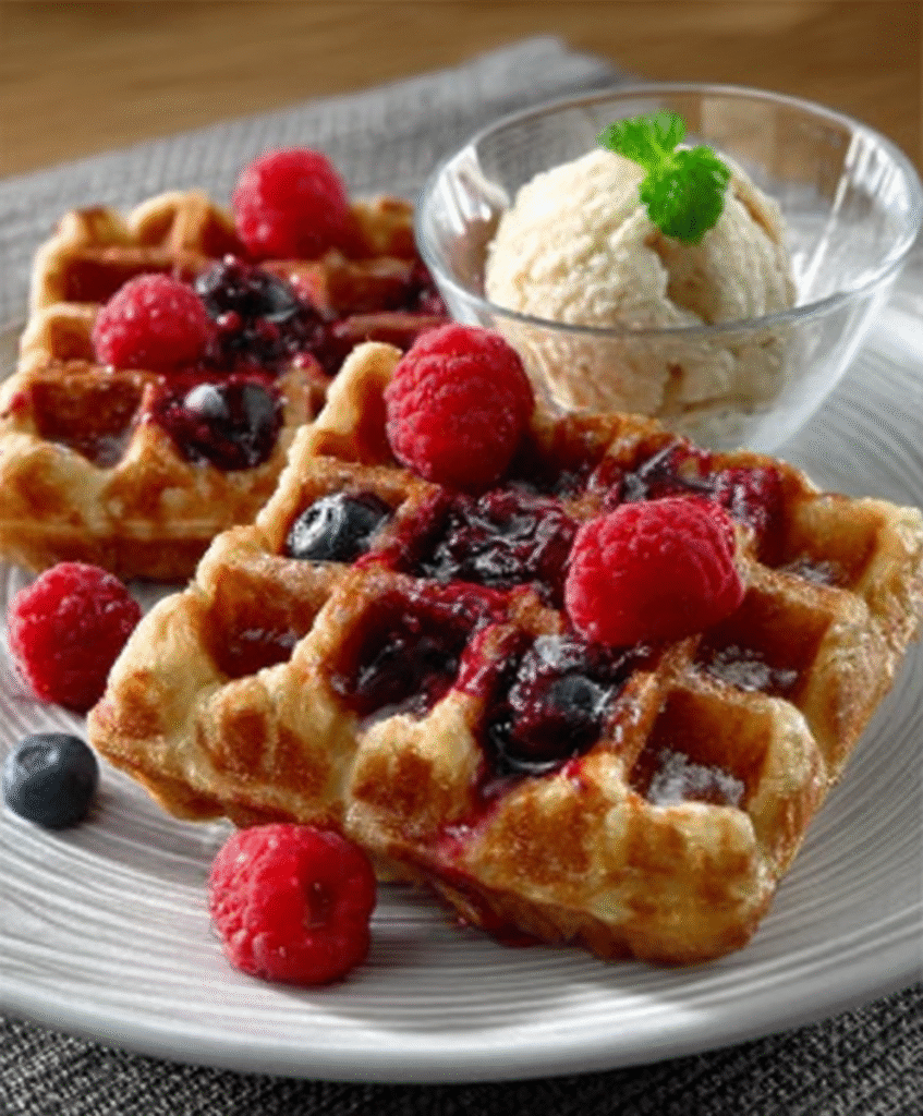 Gofres belgas con topping de frambuesas para desayunos instagrameables