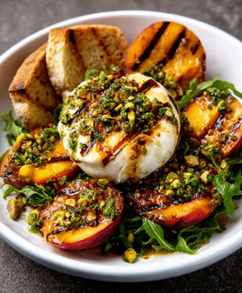Grilled Peach‑Burrata Salad with Pistachio Gremolata