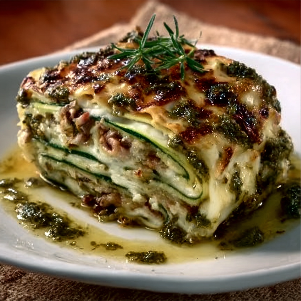 Lasaña fría de verano con calabacín laminado y pesto