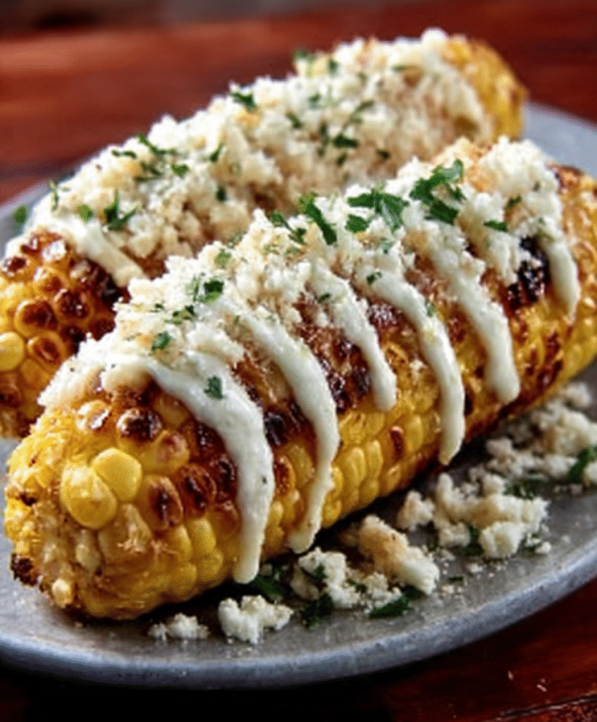Maíz asado con mayonesa y queso para antojos veraniegos