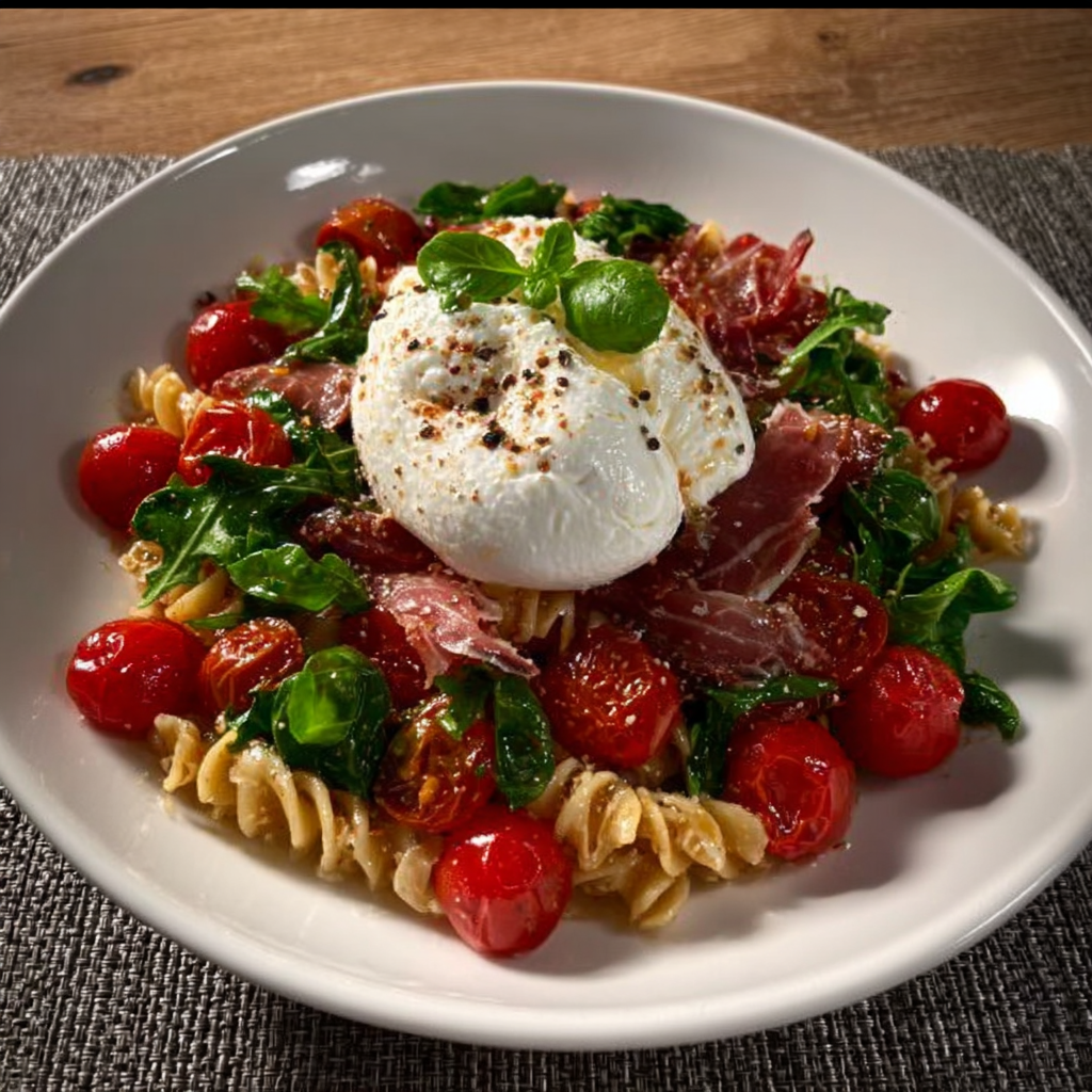 Pasta fría caprese con tomates cherry confitados y burrata