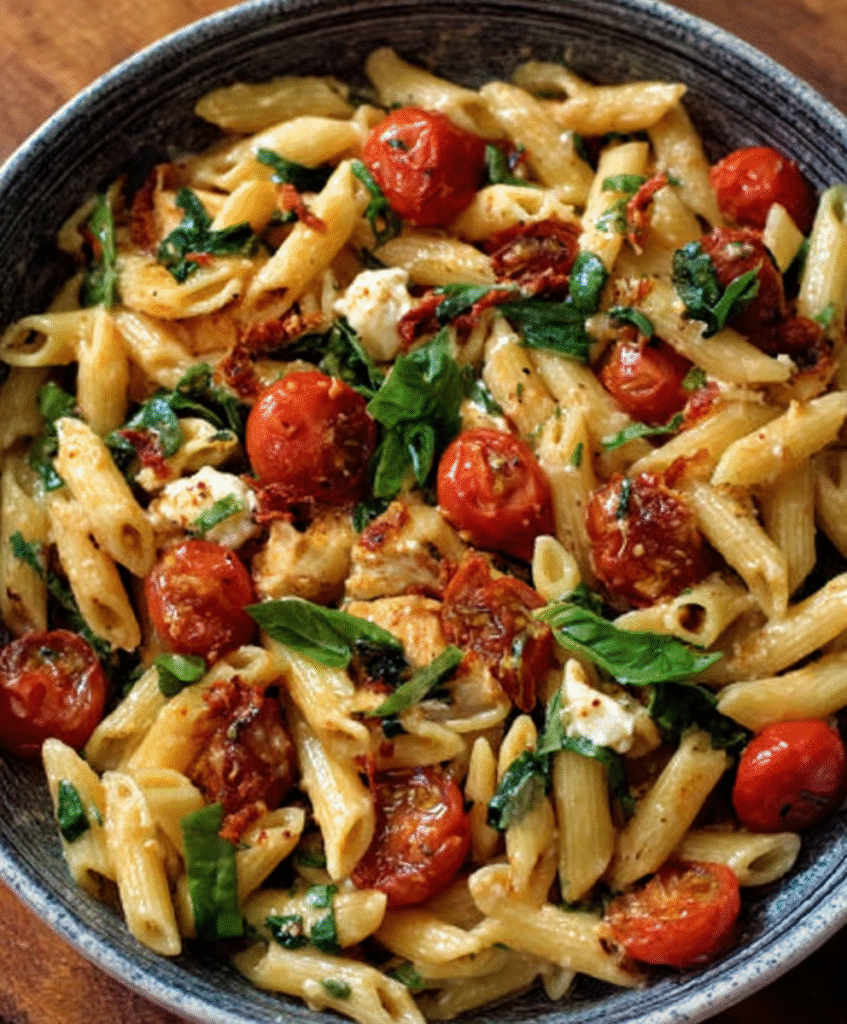 Pasta fría con albahaca y tomate para cenas sencillas y deliciosas