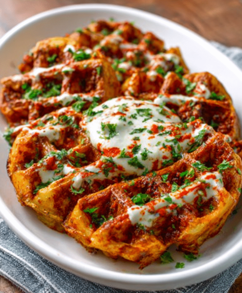Patatas Bravas Waffles with Garlic Aioli Dip