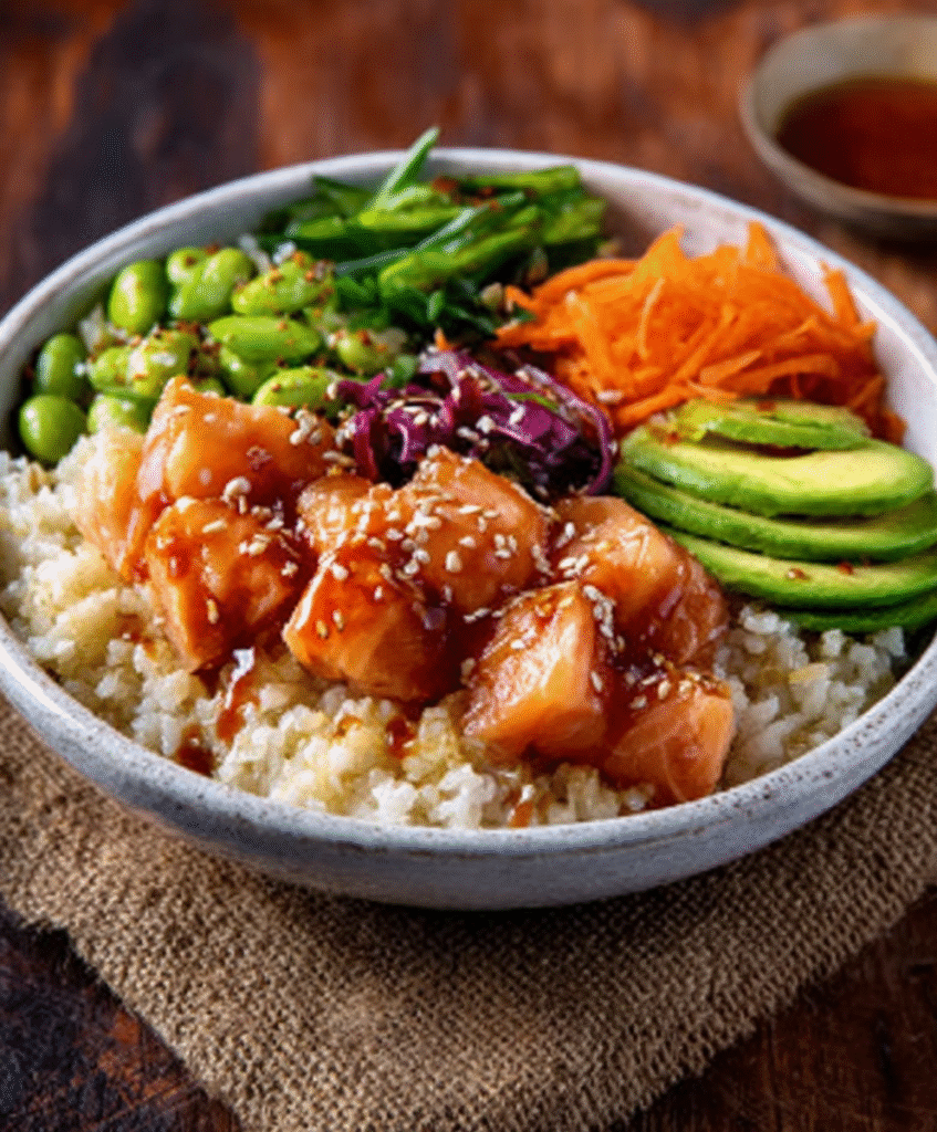 Poke bowl de salmón con arroz integral para comidas balanceadas