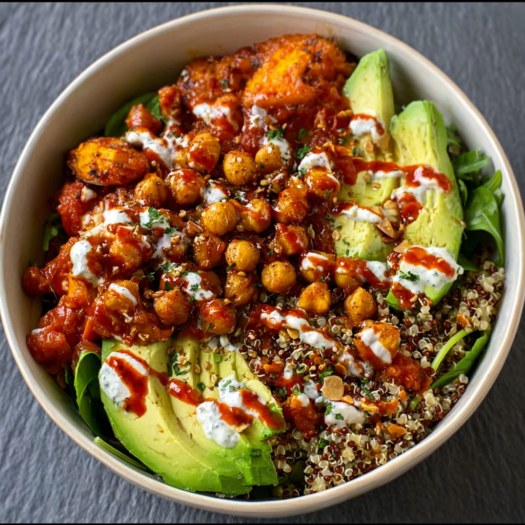 Poke bowl mediterráneo con garbanzos crujientes y alioli de yogur