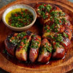 Salchichas a la parrilla con chimichurri fresco para fanáticos del sabor