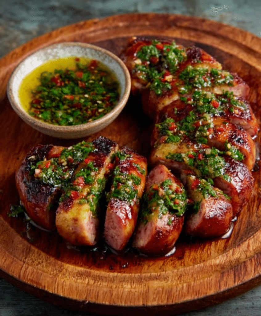 Salchichas a la parrilla con chimichurri fresco para fanáticos del sabor
