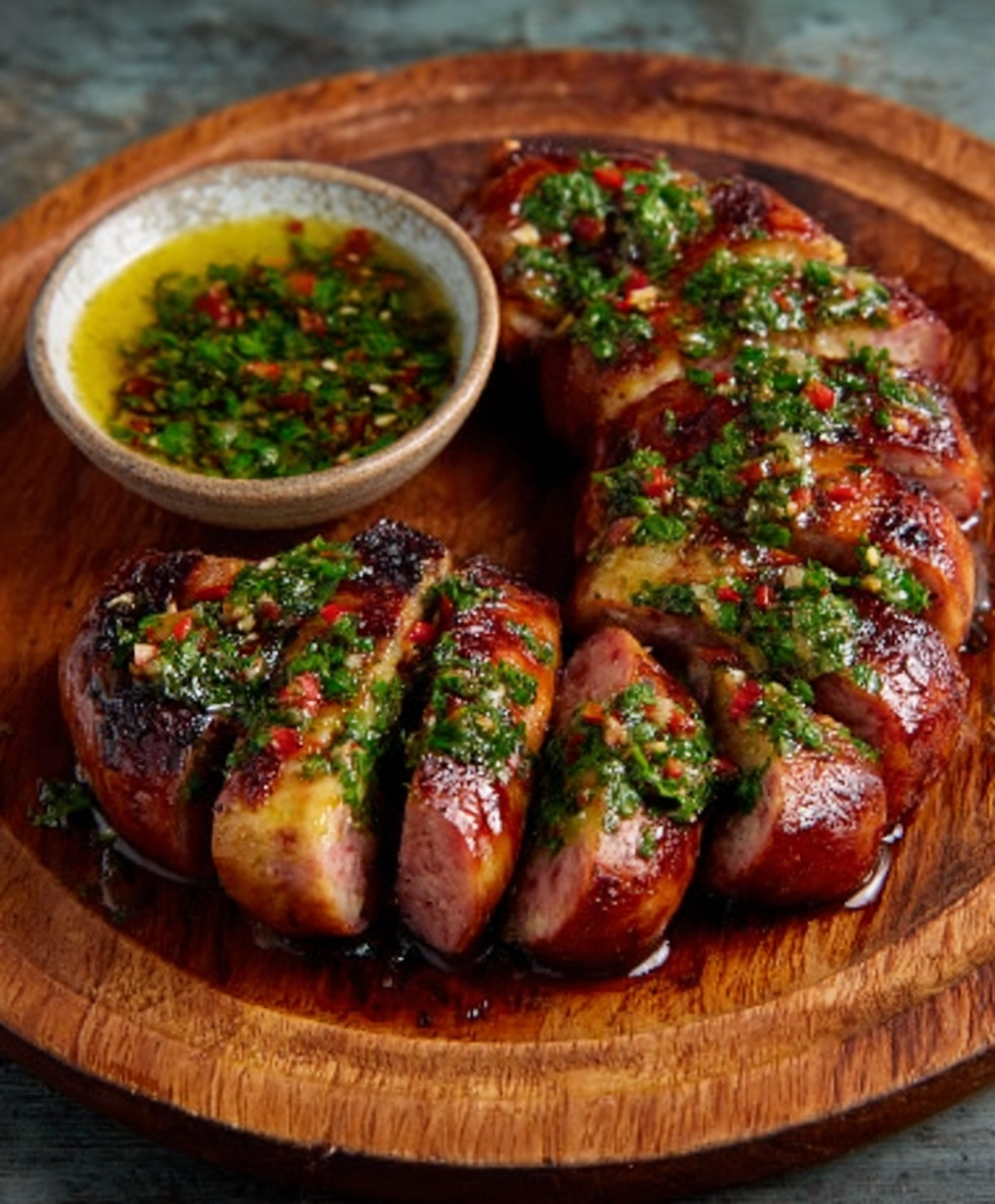 Salchichas a la parrilla con chimichurri fresco para fanáticos del sabor