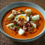 Salmorejo de melocotón con huevo y atún