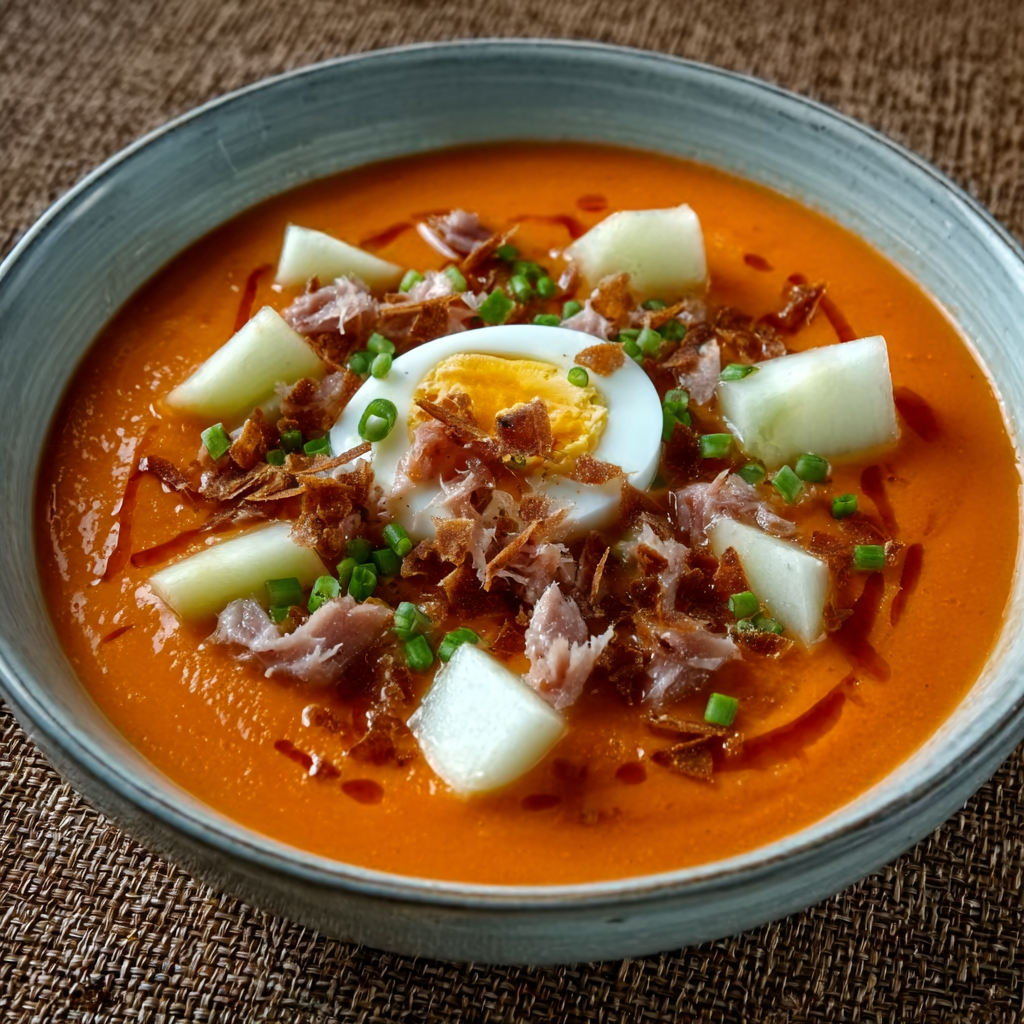 Salmorejo de melocotón con huevo y atún