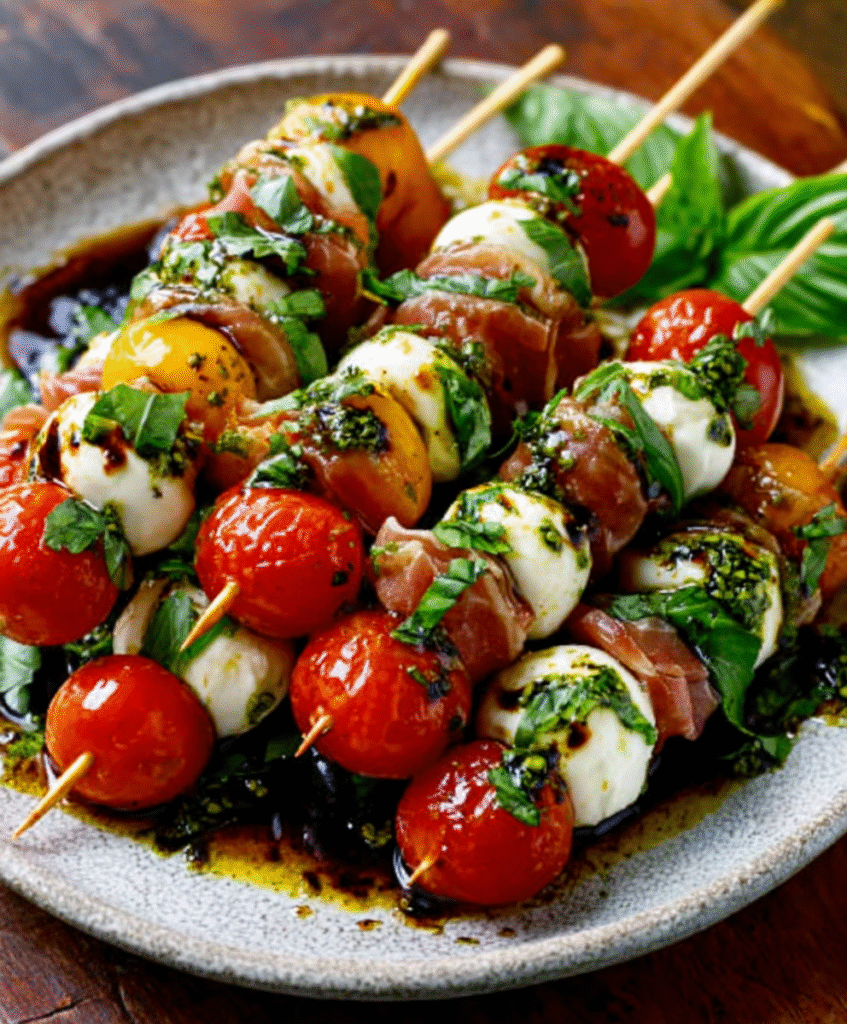 Serrano‑Ham Caprese Skewers with Basil Oil