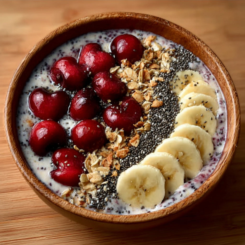 Smoothie bowl de cereza negra, yogur griego y semillas de chía