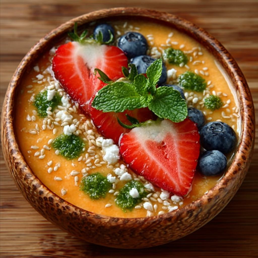 Smoothie bowl de melón cantalupo y hierbabuena en 3 minutos