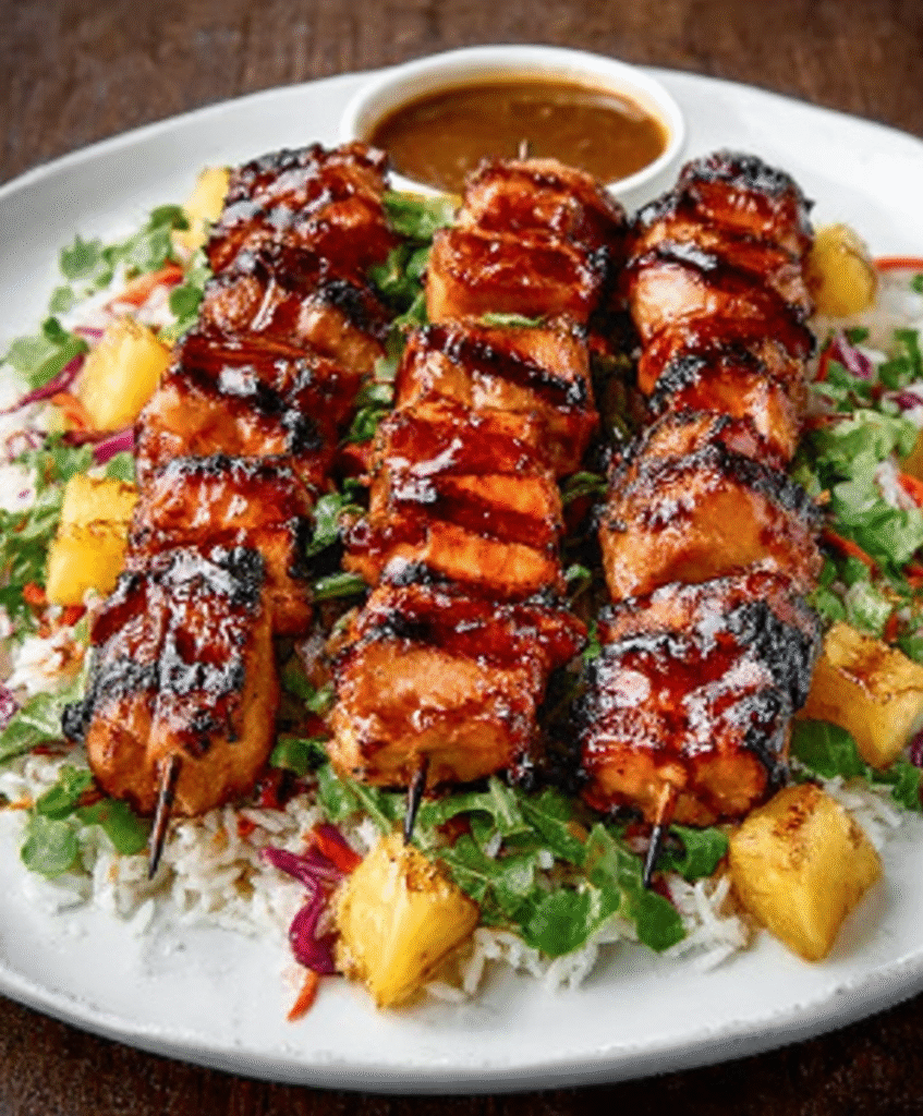 Sweet Char Siu Chicken Skewers, Pineapple Mojo