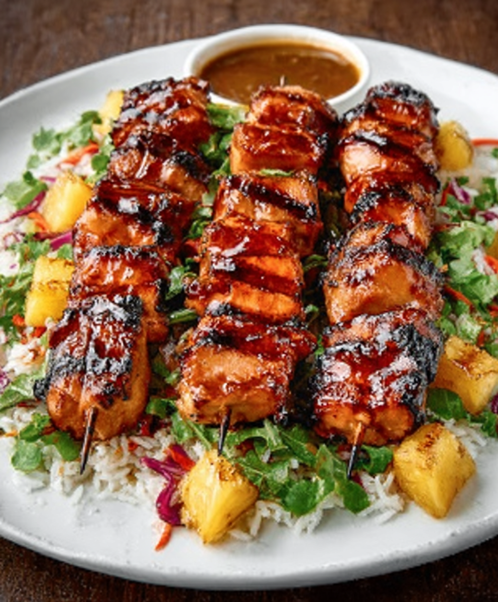 Sweet Char Siu Chicken Skewers, Pineapple Mojo