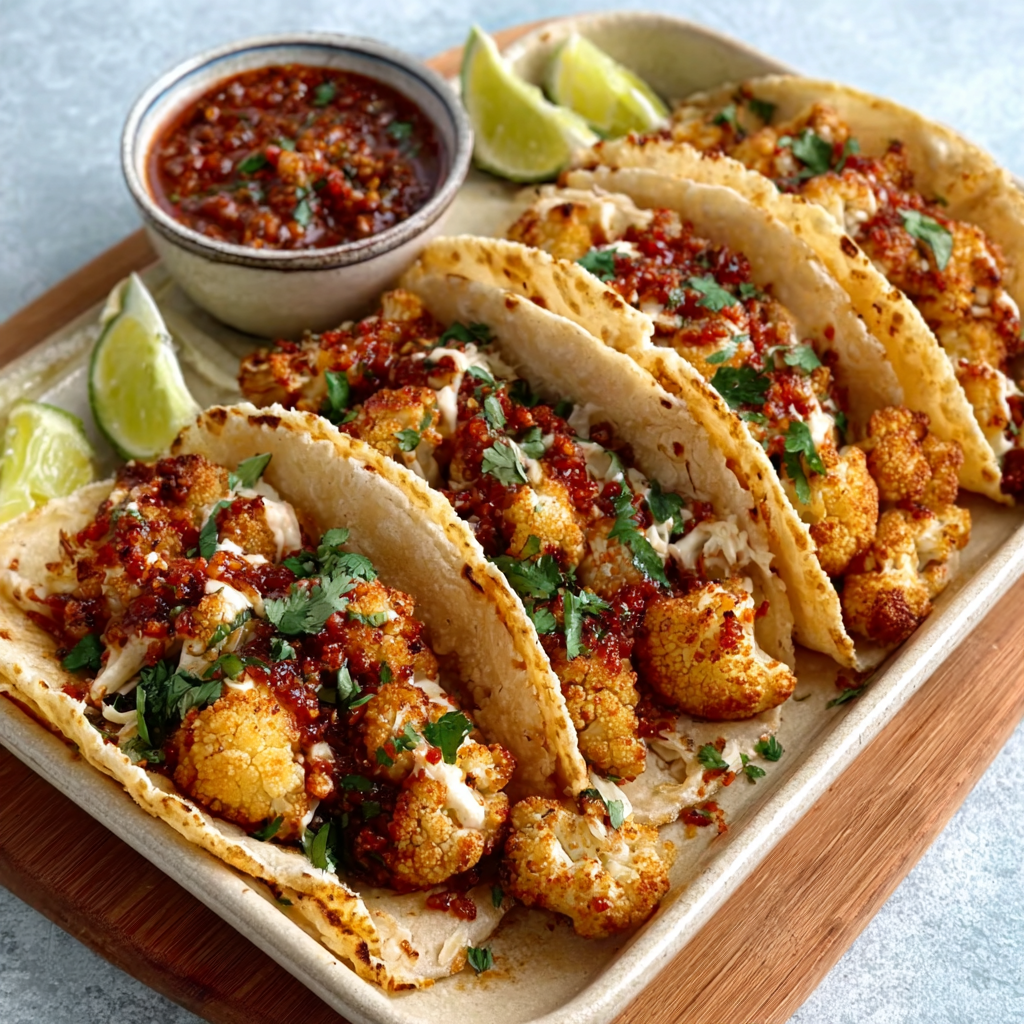Tacos de coliflor crujiente con salsa chipotle de yogur