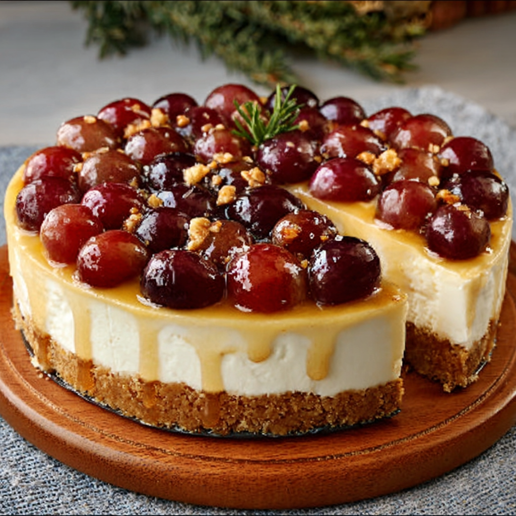 Tarta de queso sin horno con uvas rojas y miel de lavanda