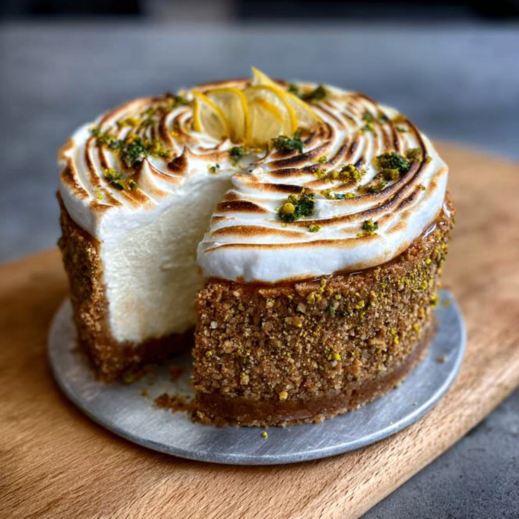 Tarta fría de limón y albahaca con base de pistacho