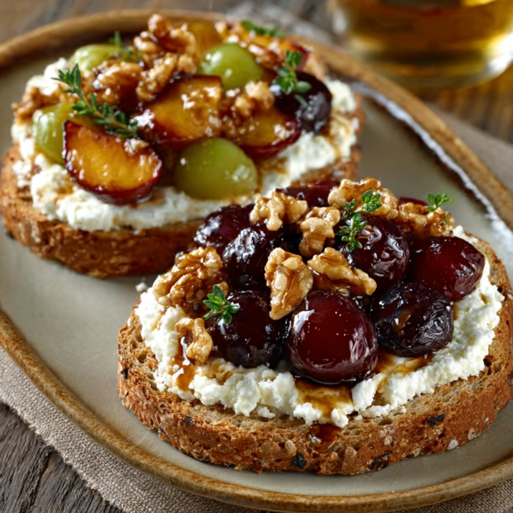 Tostadas de ricotta con nectarina caramelizada y tomillo