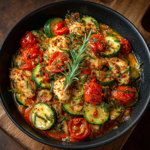 Salteado de Calabacines, Tomates y Pechuga de Pollo con Ajo y Pimentón