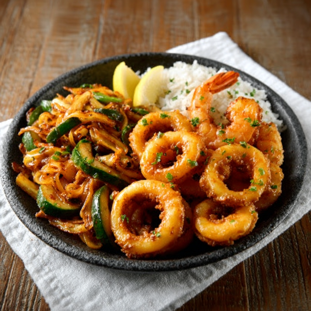 Anillas de calamar y camarones salteados al limón
