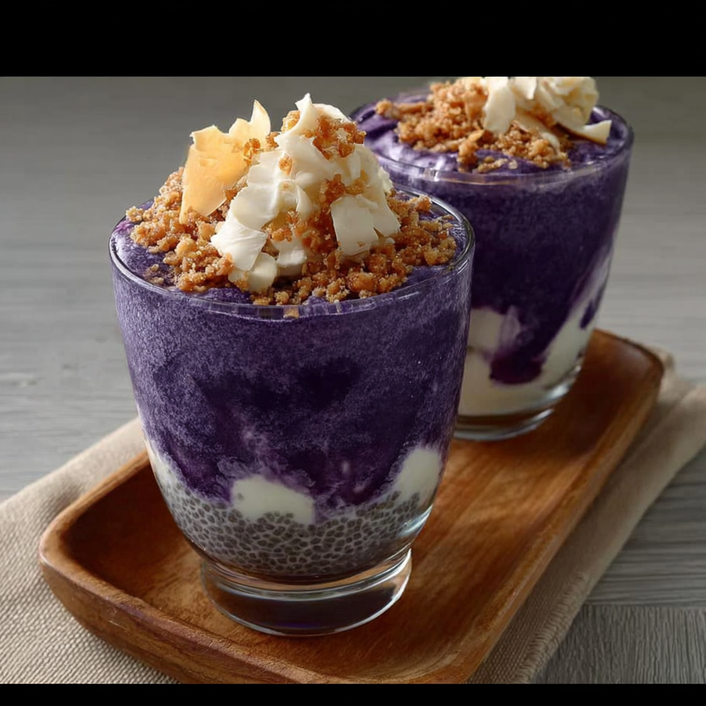 Batido de ube con remolino y pudín de chía y coco
