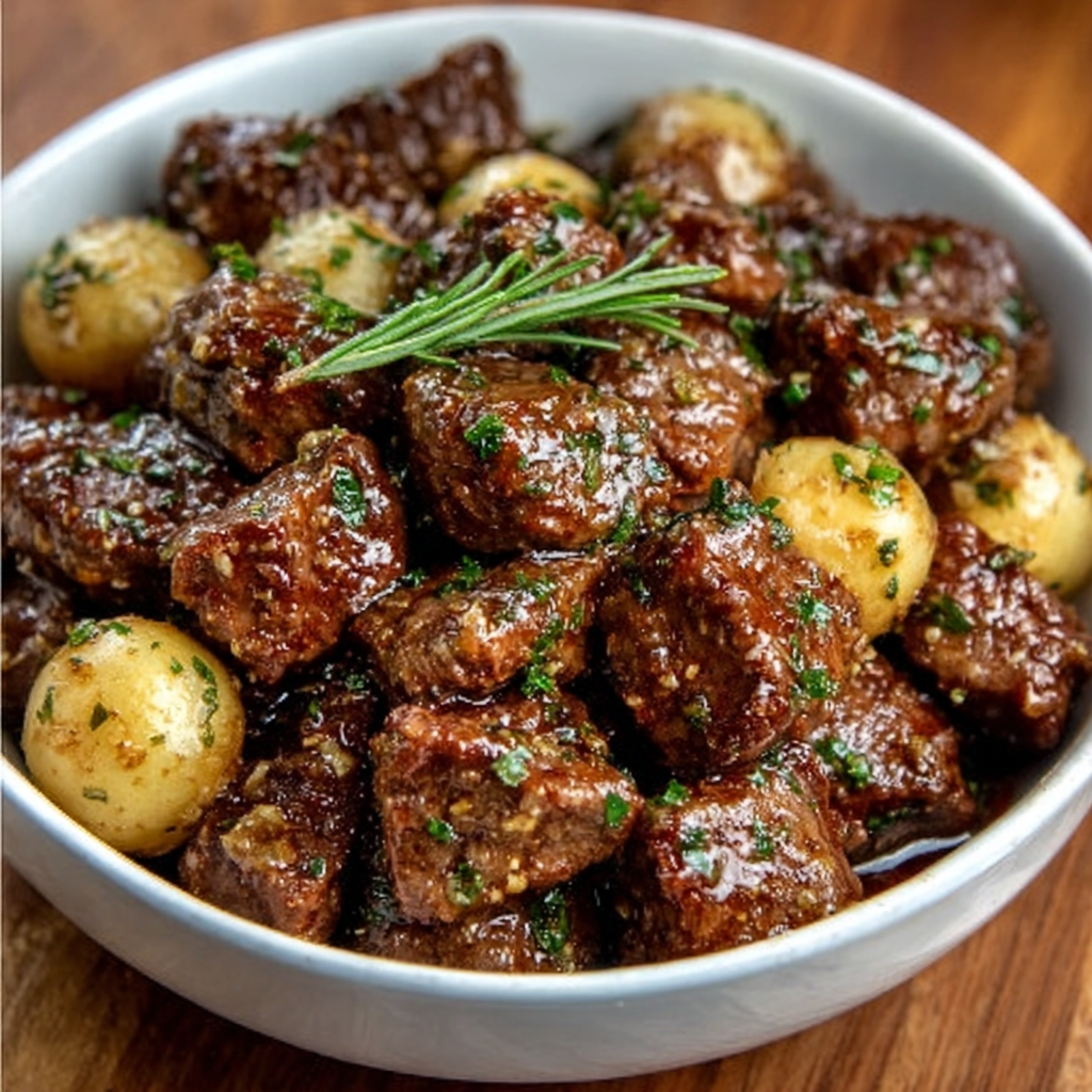 Bocaditos de Res a la Mantequilla de Ajo en Olla de Cocción Lenta (Alta en Proteínas)
